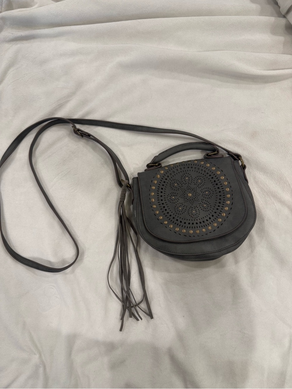 Women's Tshirt & Jeans Laser-Cut Crossbody Saddle Bag with Tassel Detail